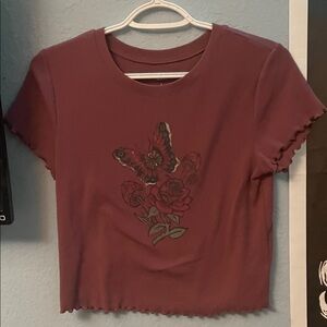 Arizona Jean Company Burgundy Butterfly & Rose Crop Tee